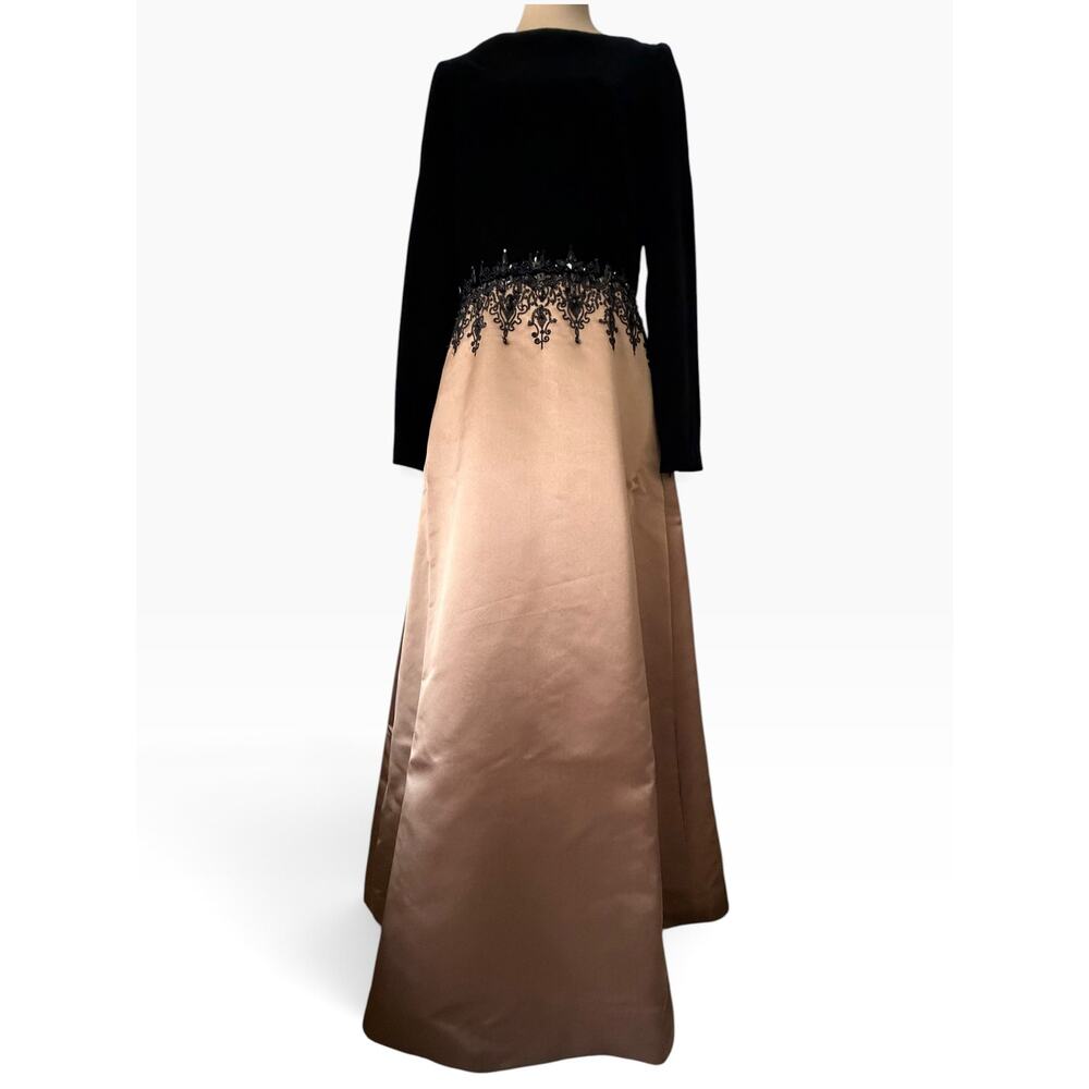 Oscar de la Renta Vintage 90s Formal Dress Champagne Gold Black Lace Long Sleeve - Picture 3 of 16